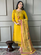 Partywear Designer Chanderi Mustard Stitched Suit With Dupatta - Tanisha