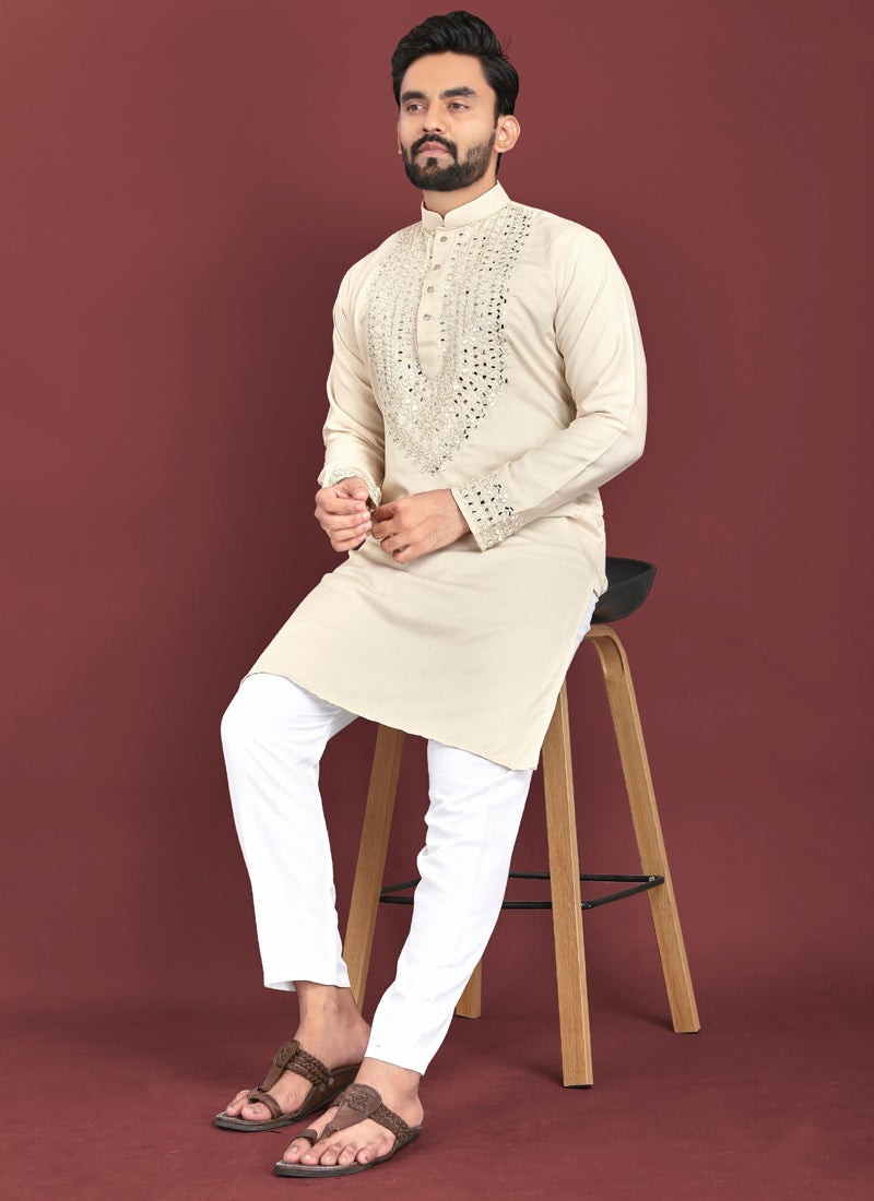 Prazu Fashion Off White Soft Silk Real Mirror Work Kurta - Distacart