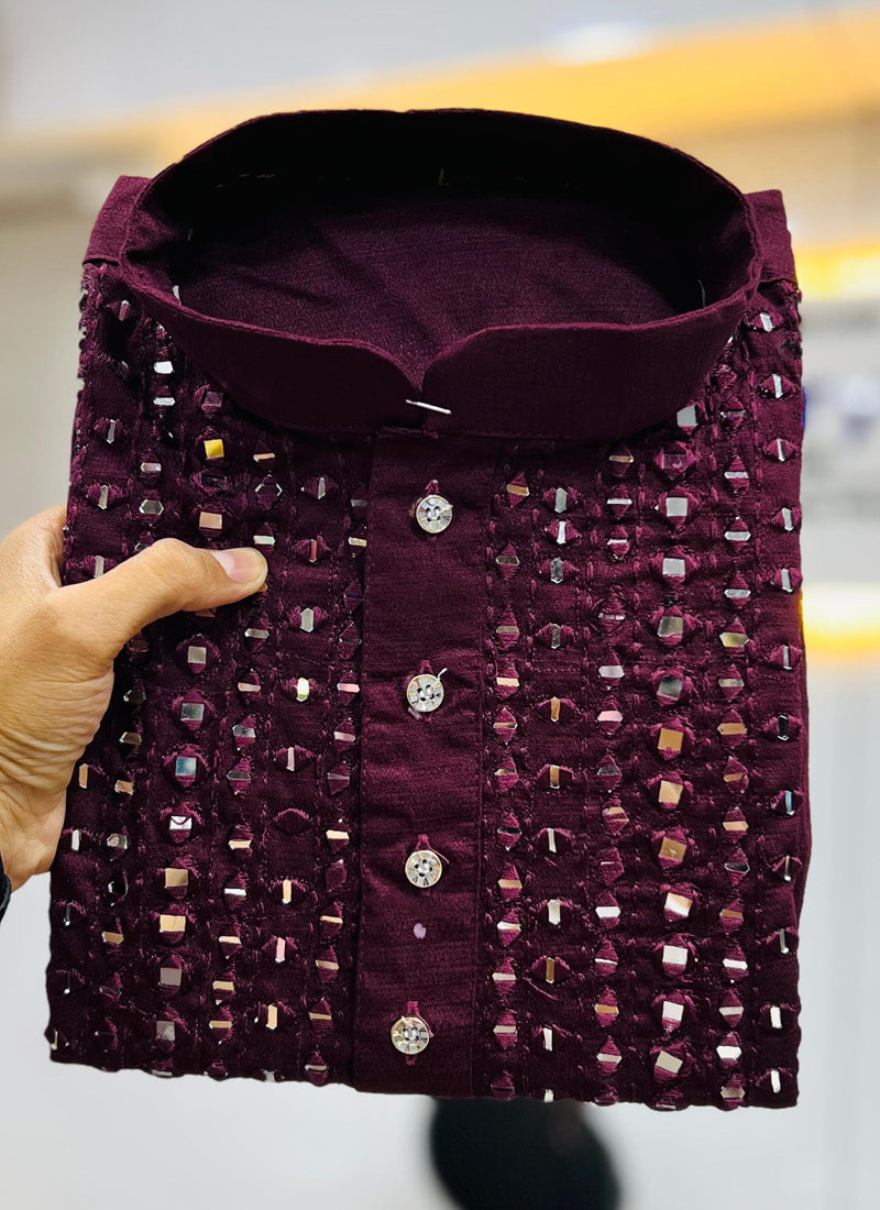 Prazu Fashion Wine Soft Silk Real Mirror Work Kurta - Distacart