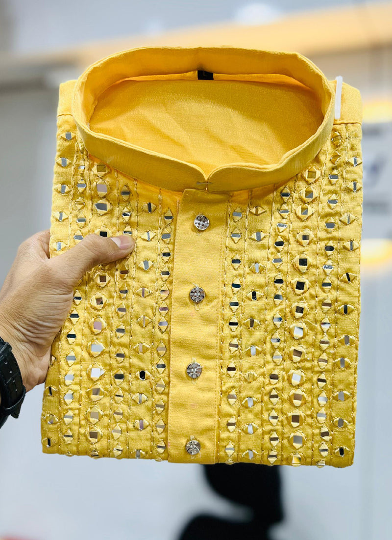 Prazu Fashion Yellow Soft Silk Real Mirror Work Kurta - Distacart