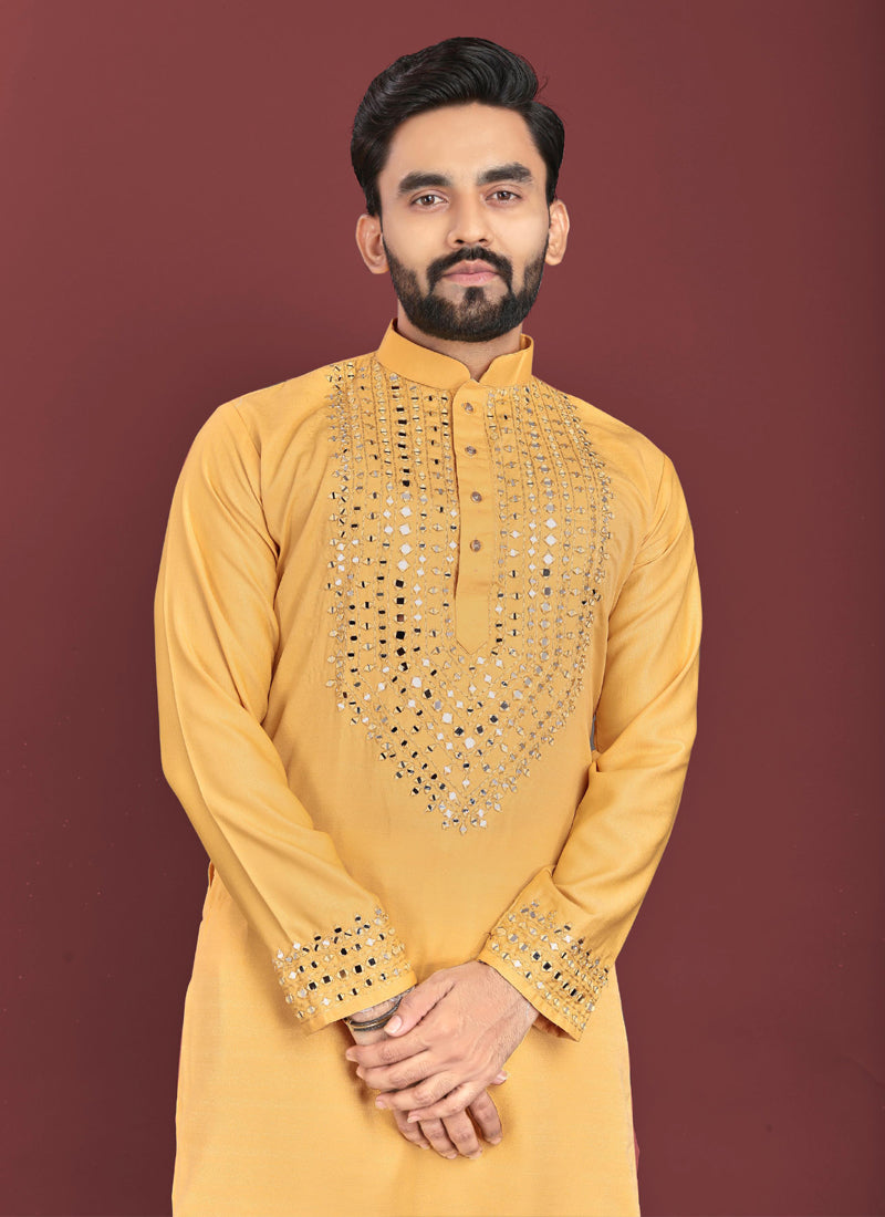 Prazu Fashion Yellow Soft Silk Real Mirror Work Kurta - Distacart
