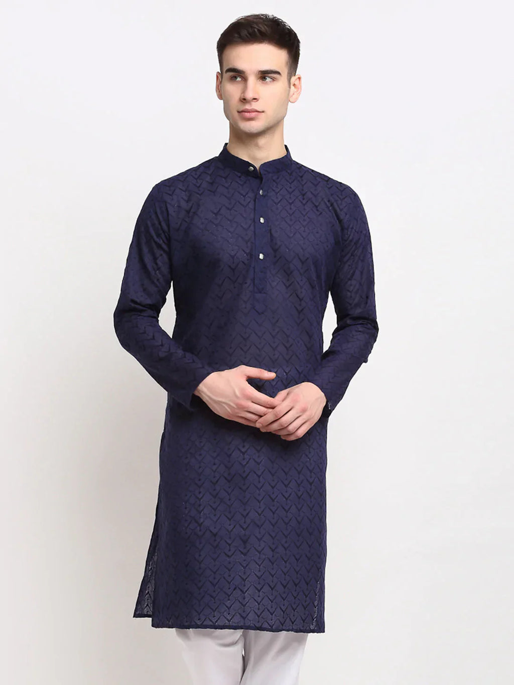 Jompers Men's Navy Blue Chikan Kurta Only