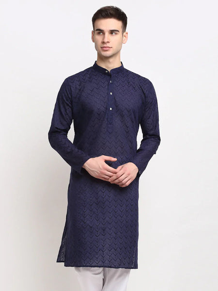Jompers Men's Navy Blue Chikan Kurta Only