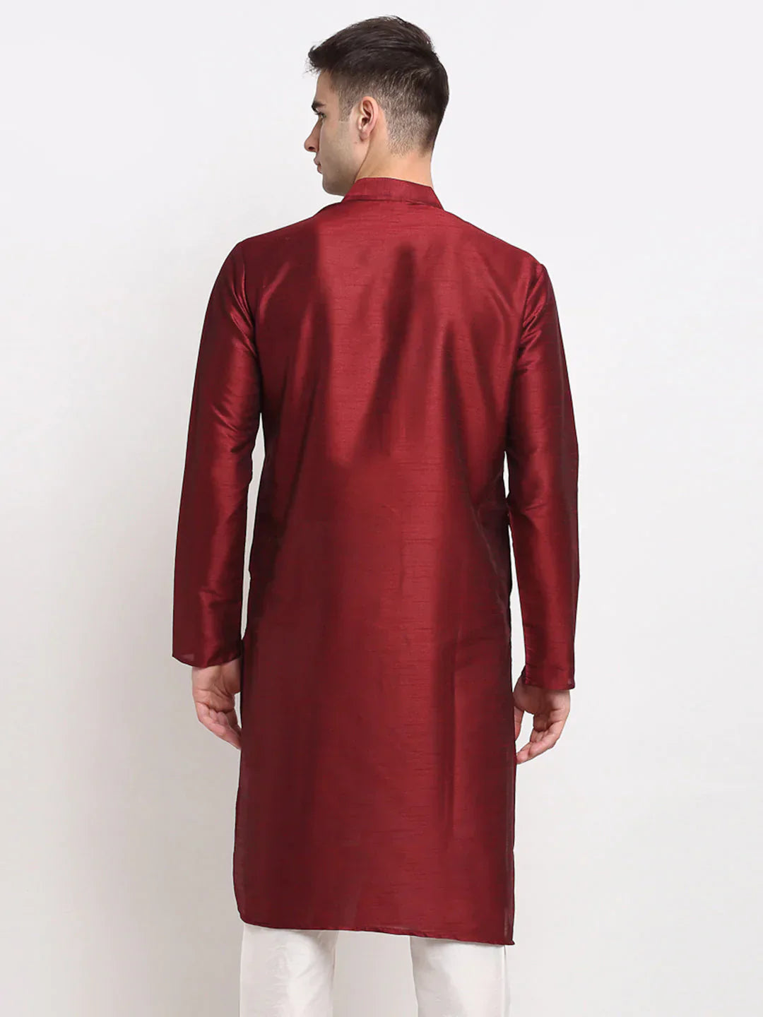 Jompers Men's Maroon Solid Dupion Silk Kurta Only