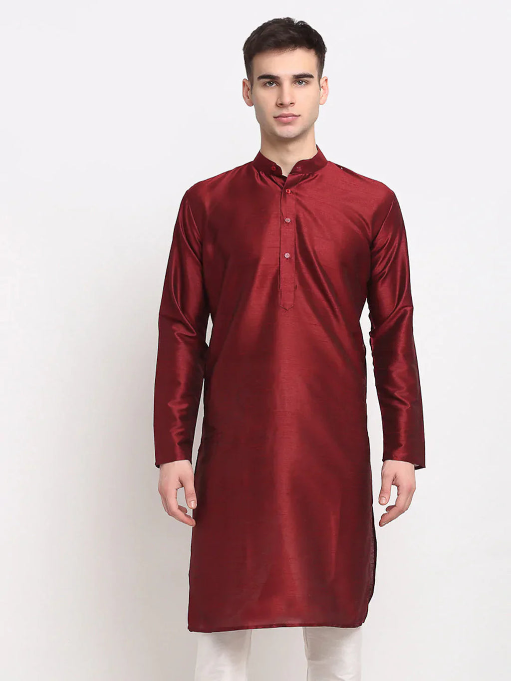 Jompers Men's Maroon Solid Dupion Silk Kurta Only