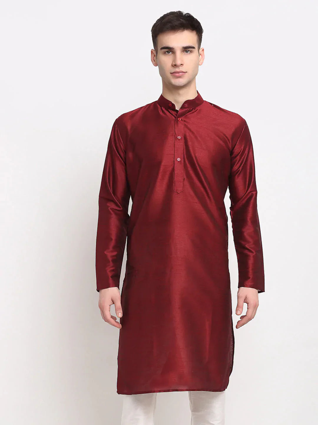 Jompers Men's Maroon Solid Dupion Silk Kurta Only