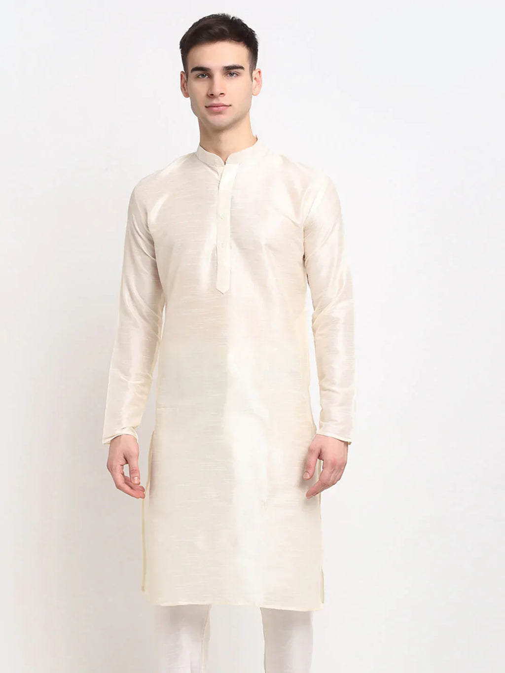 Jompers Men's White Solid Dupion Silk Kurta Only