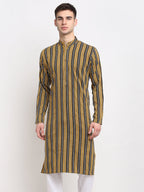 Jompers Men's Mustard Cotton Striped Kurta Only