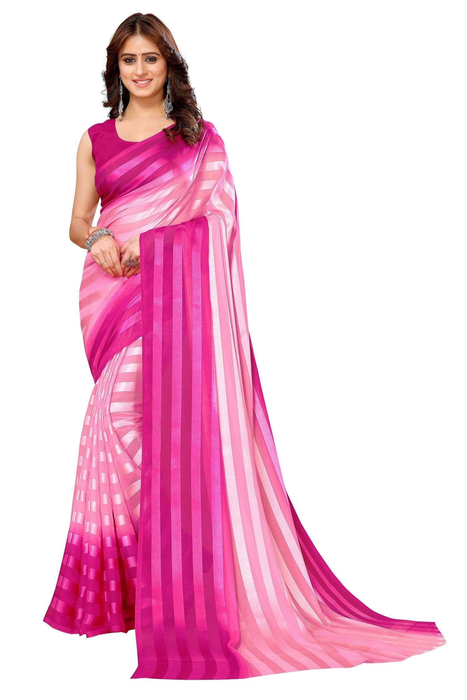 Vamika Georgette Satin Pink Desinger Satin Patta Saree