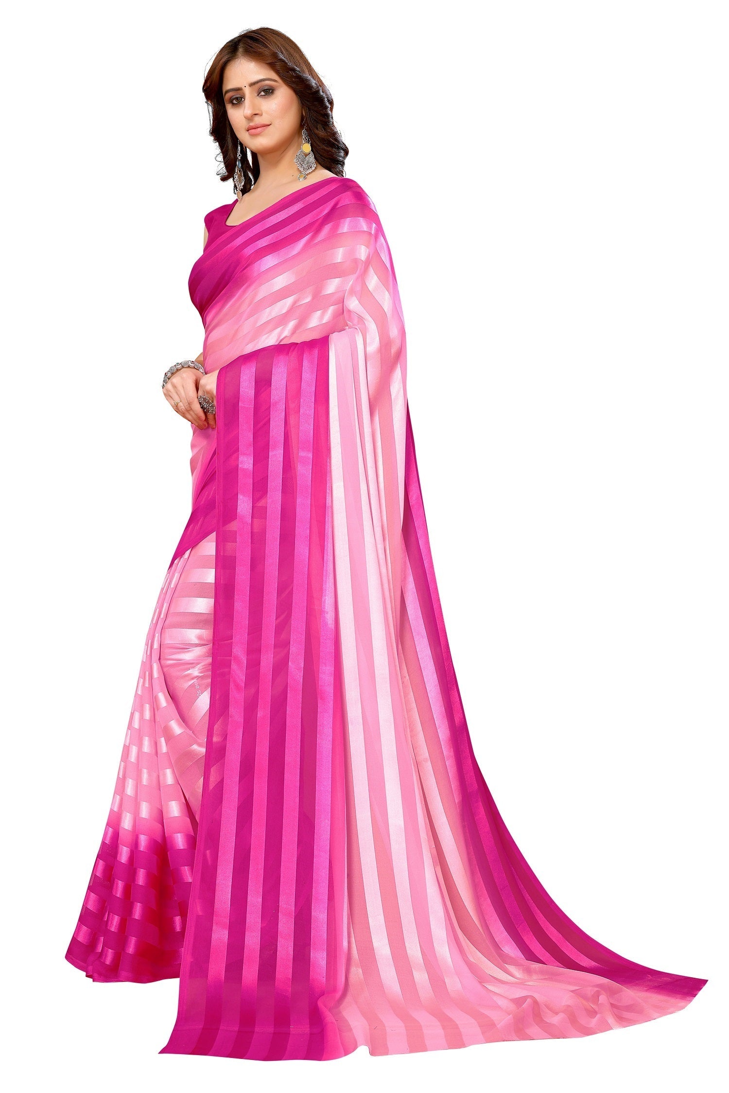 Vamika Georgette Satin Pink Desinger Satin Patta Saree
