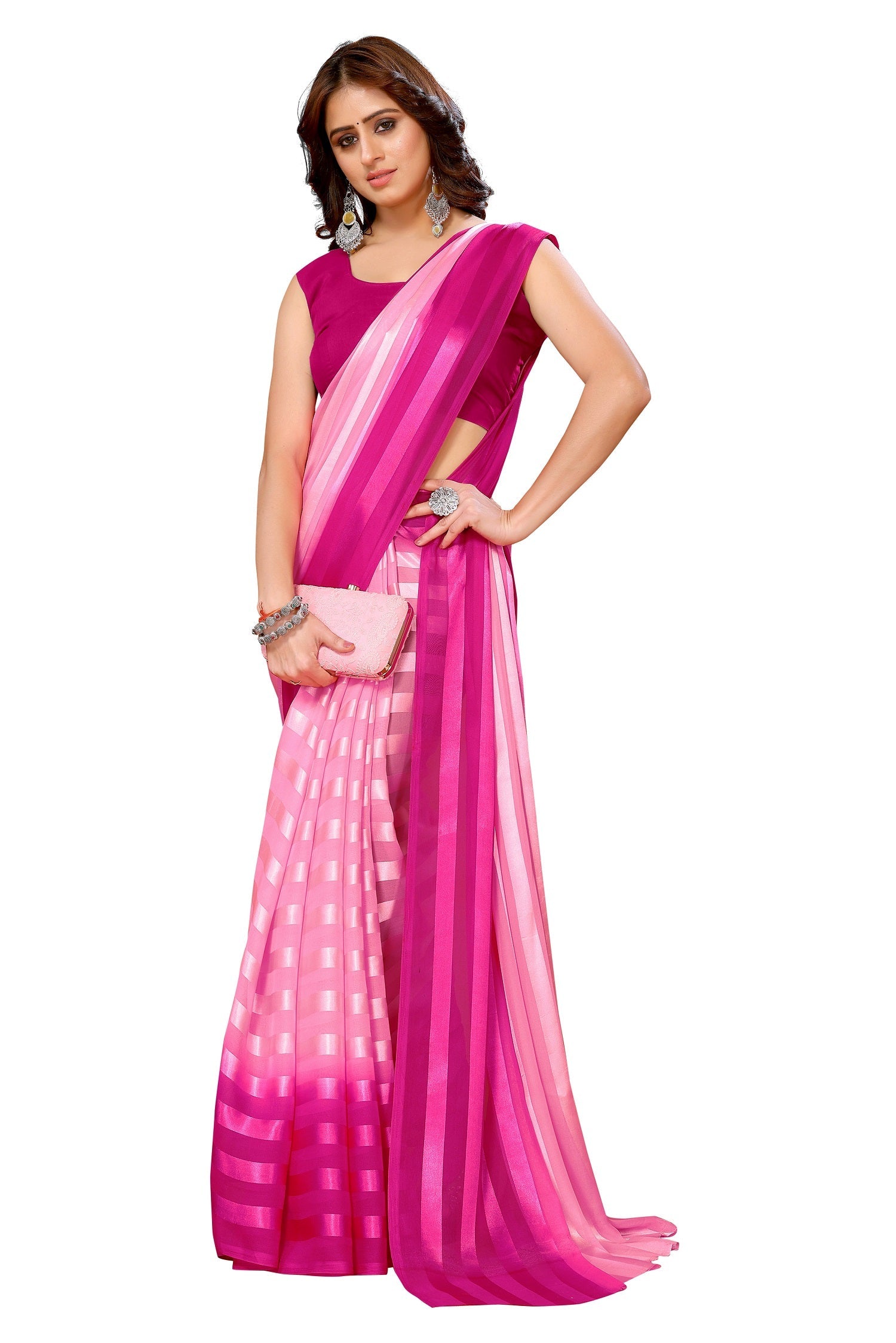 Vamika Georgette Satin Pink Desinger Satin Patta Saree