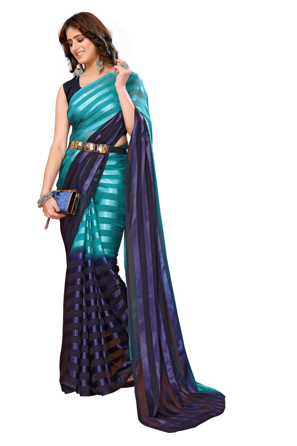 Vamika Georgette Satin Green Desinger Satin Patta Saree