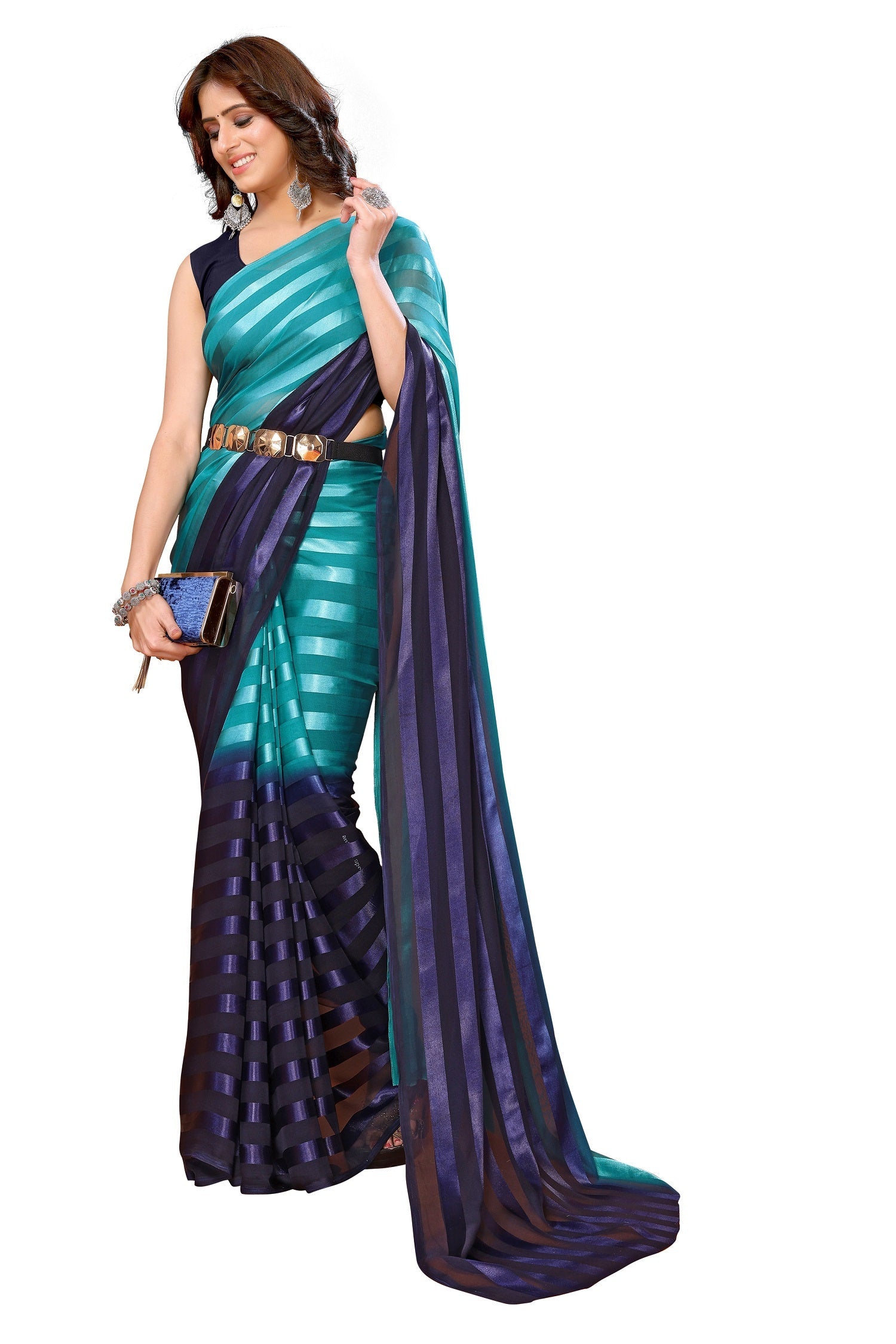 Vamika Georgette Satin Green Desinger Satin Patta Saree