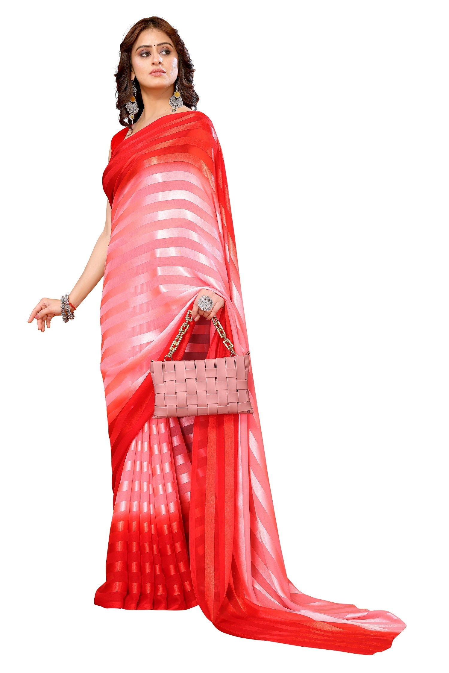 Vamika Georgette Satin Red Desinger Satin Patta Saree - Distacart