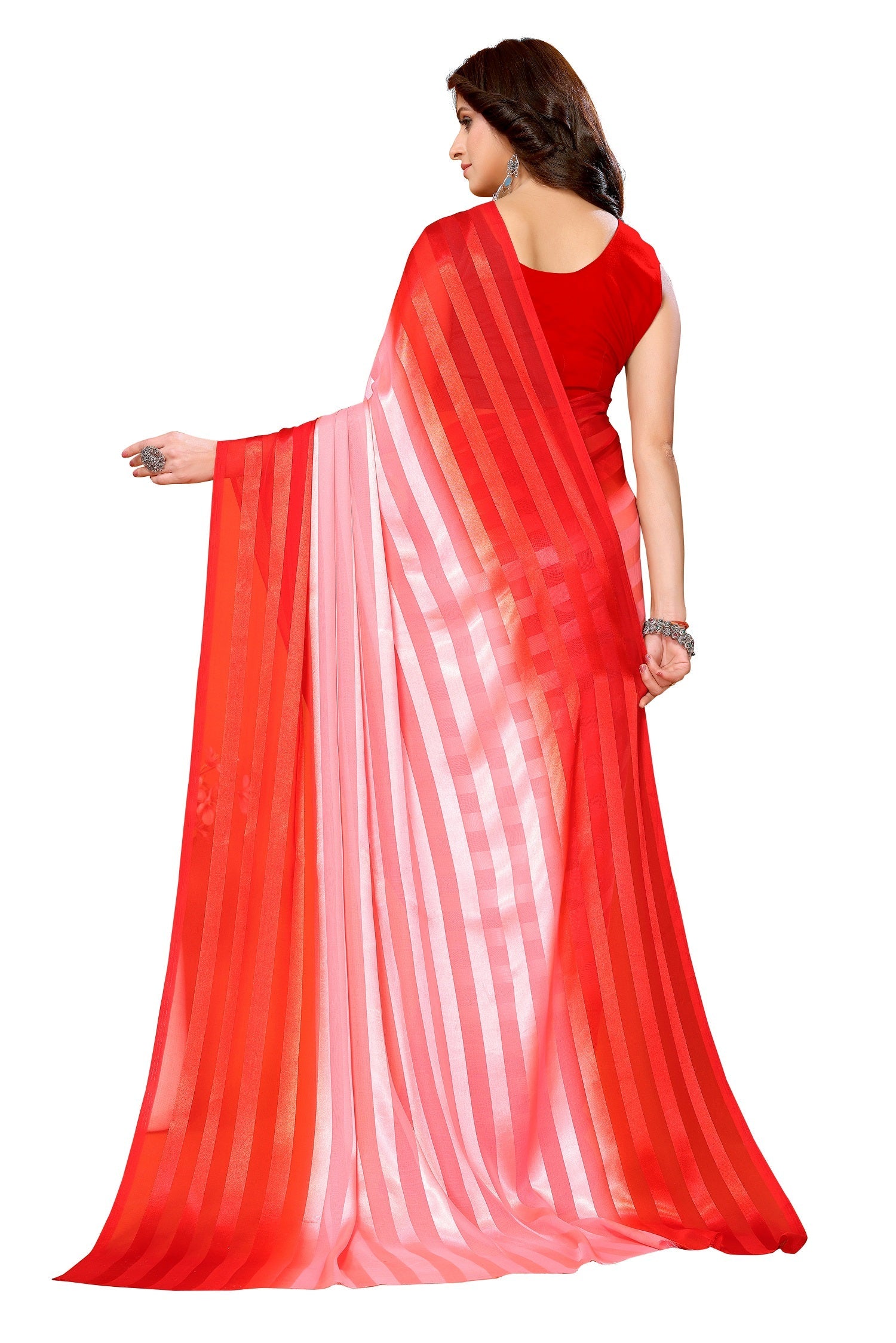 Vamika Georgette Satin Red Desinger Satin Patta Saree - Distacart