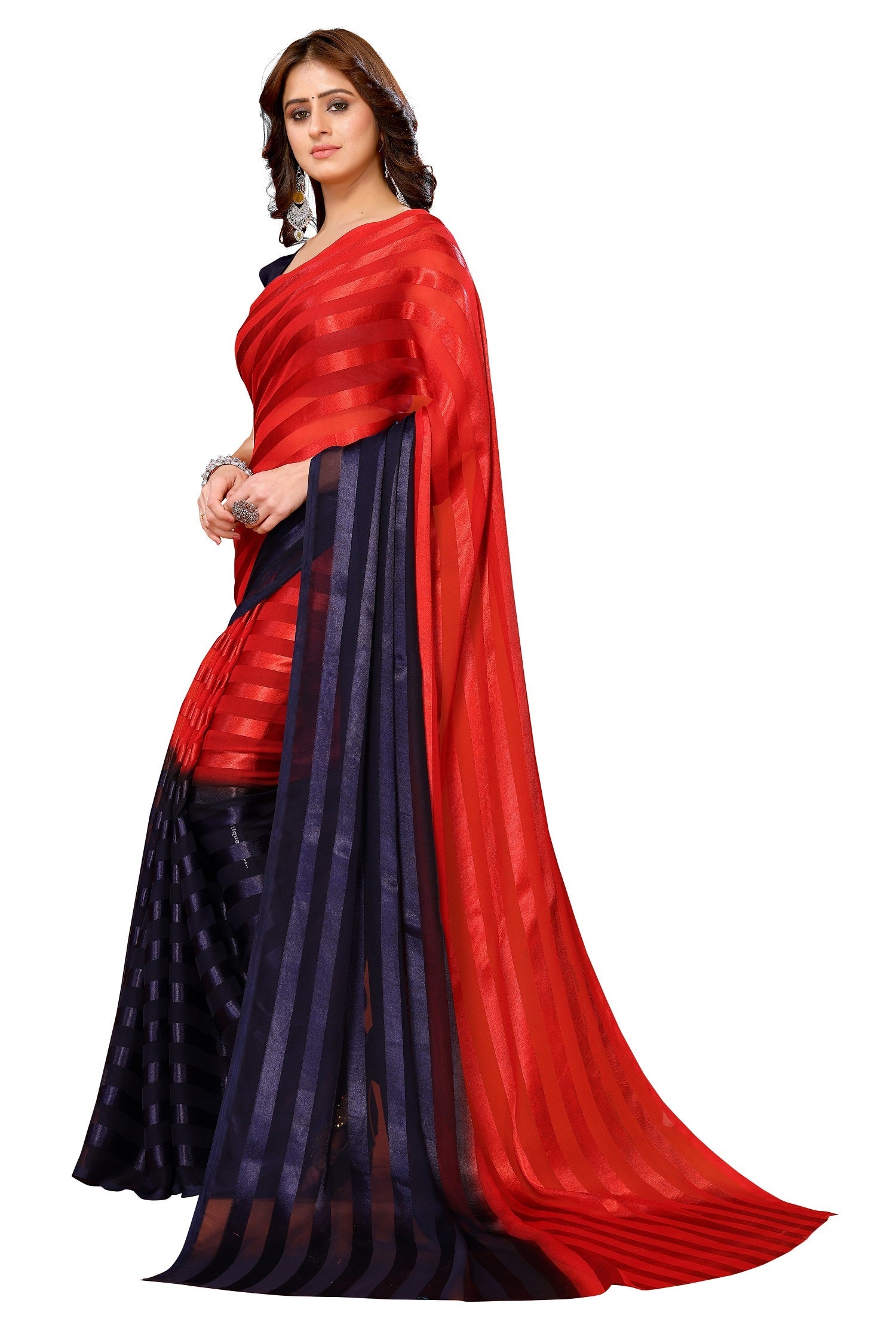 Vamika Georgette Satin Red Desinger Satin Patta Saree