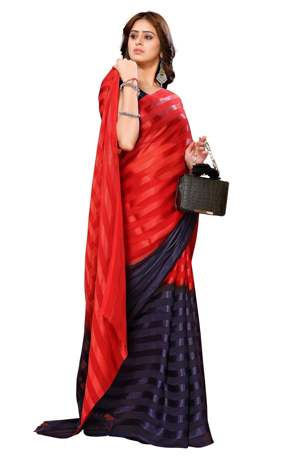 Vamika Georgette Satin Red Desinger Satin Patta Saree