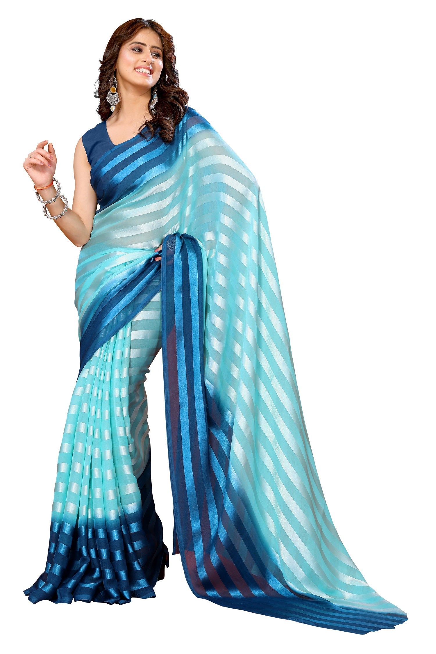 Vamika Georgette Satin Sky Blue Desinger Satin Patta Saree
