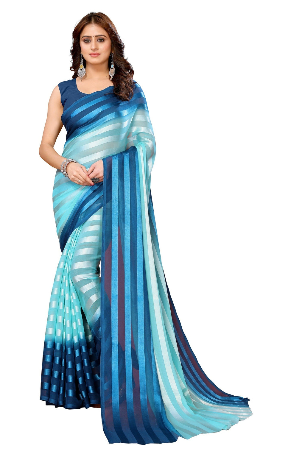 Vamika Georgette Satin Sky Blue Desinger Satin Patta Saree