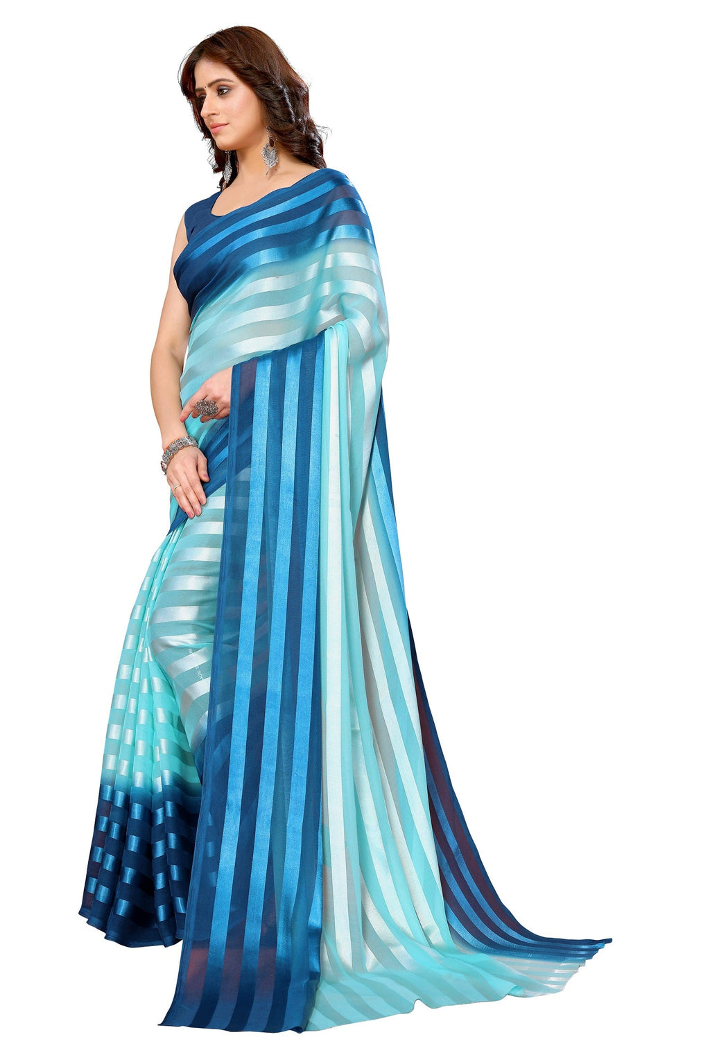 Vamika Georgette Satin Sky Blue Desinger Satin Patta Saree