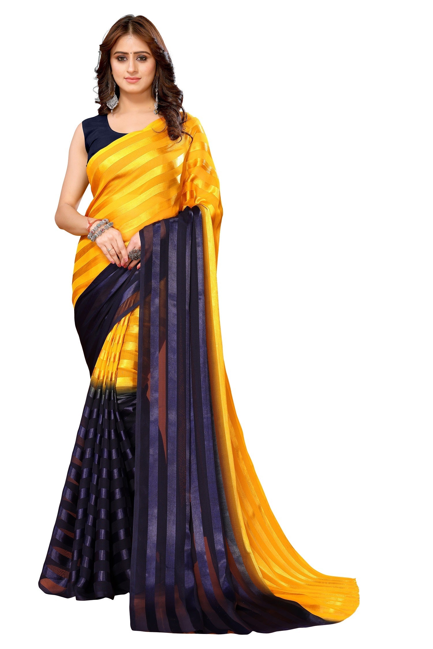 Vamika Georgette Satin Yellow Desinger Satin Patta Saree