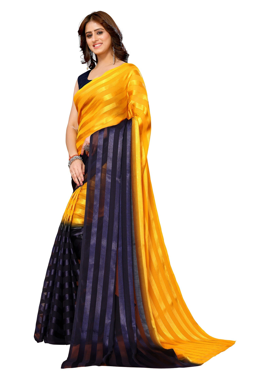 Vamika Georgette Satin Yellow Desinger Satin Patta Saree