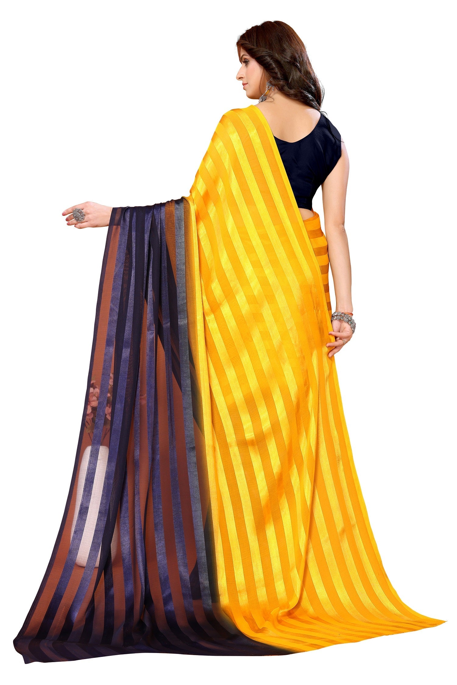 Vamika Georgette Satin Yellow Desinger Satin Patta Saree