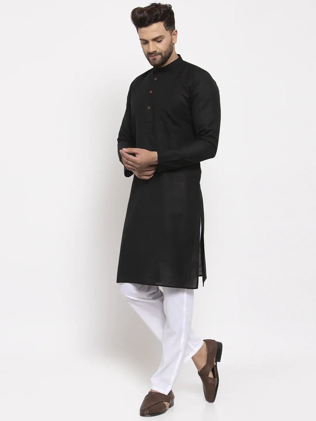 Jompers Men's Black & White Solid Kurta Only