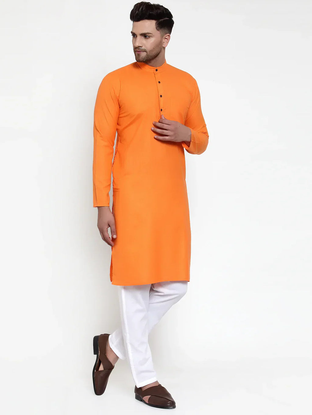 Jompers Men's Orange & White Solid Kurta Only