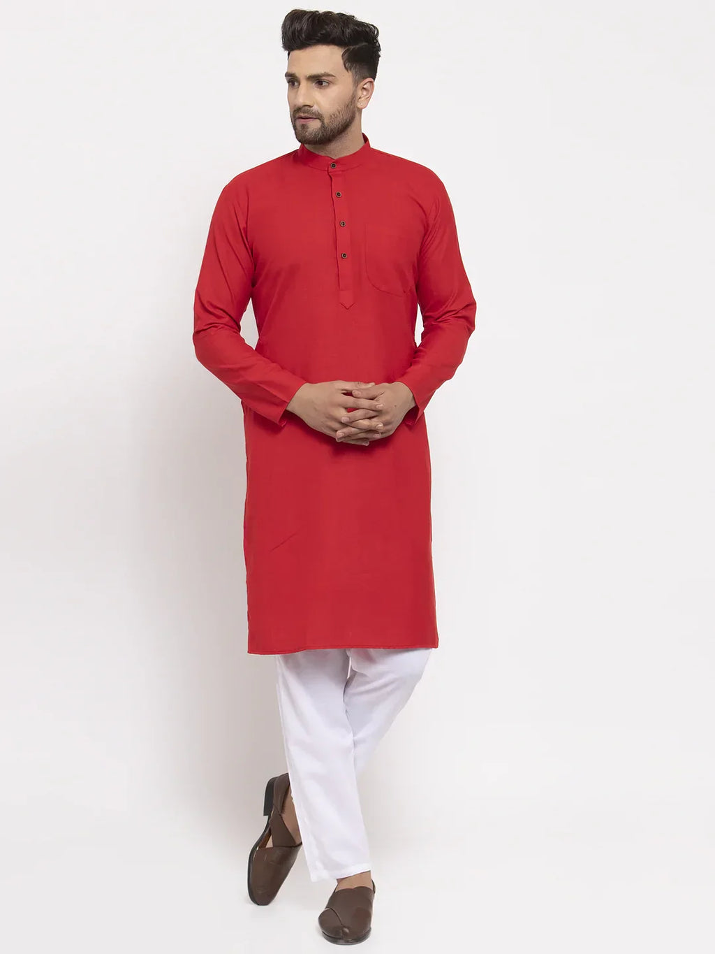 Jompers Men's Red & White Solid Kurta Only
