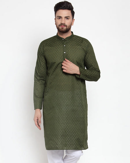 Jompers Men Olive Green Chikan Kurta Only