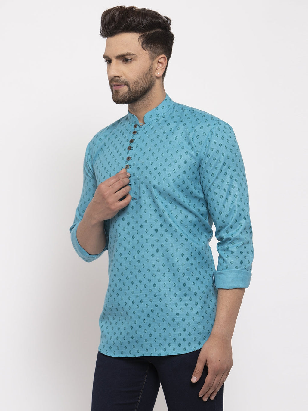 Jompers Men's Cotton Printed Kurta - Sky Blue