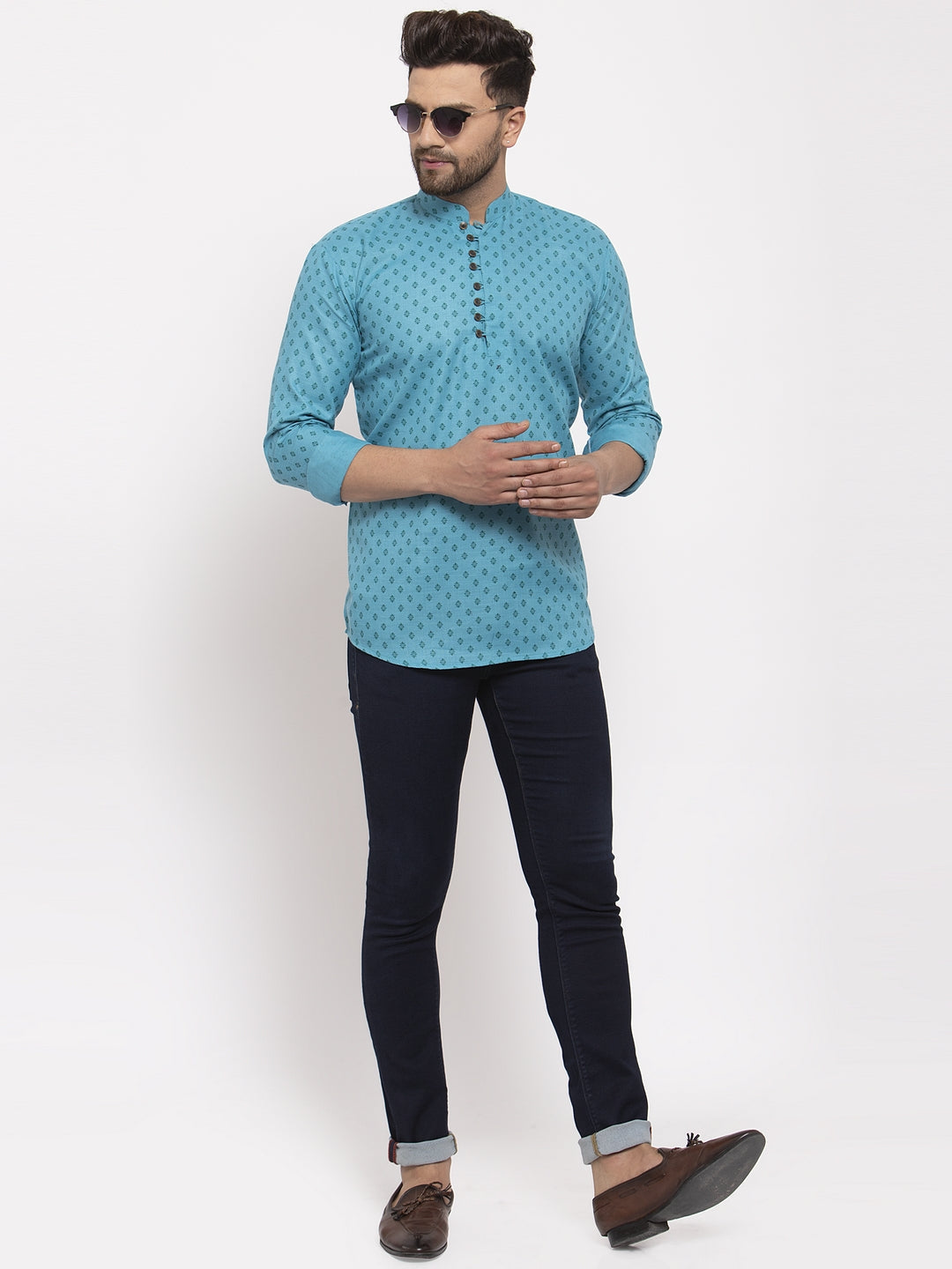 Jompers Men's Cotton Printed Kurta - Sky Blue