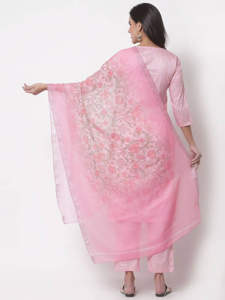 Myshka Women's Cotton 3/4 Sleeve Round Neck Casual Pink Kurta Pant Dupatta Set