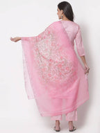 Myshka Women's Cotton 3/4 Sleeve Round Neck Casual Pink Kurta Pant Dupatta Set