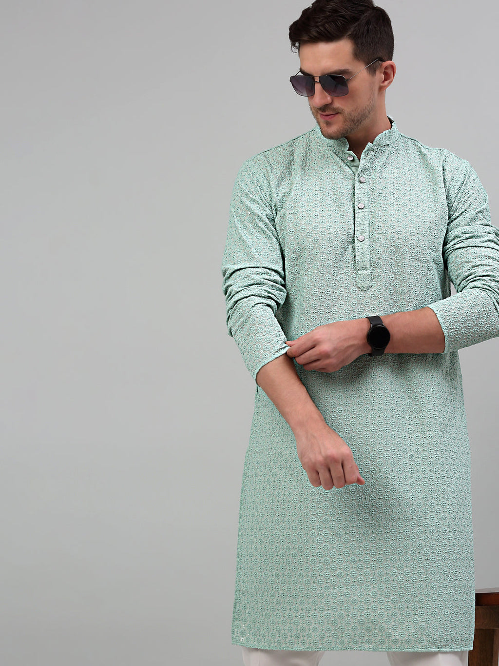 Jompers Men's Green Chikankari Embroidered and Sequence Kurta Only