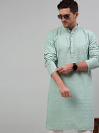 Jompers Men's Green Chikankari Embroidered and Sequence Kurta Only
