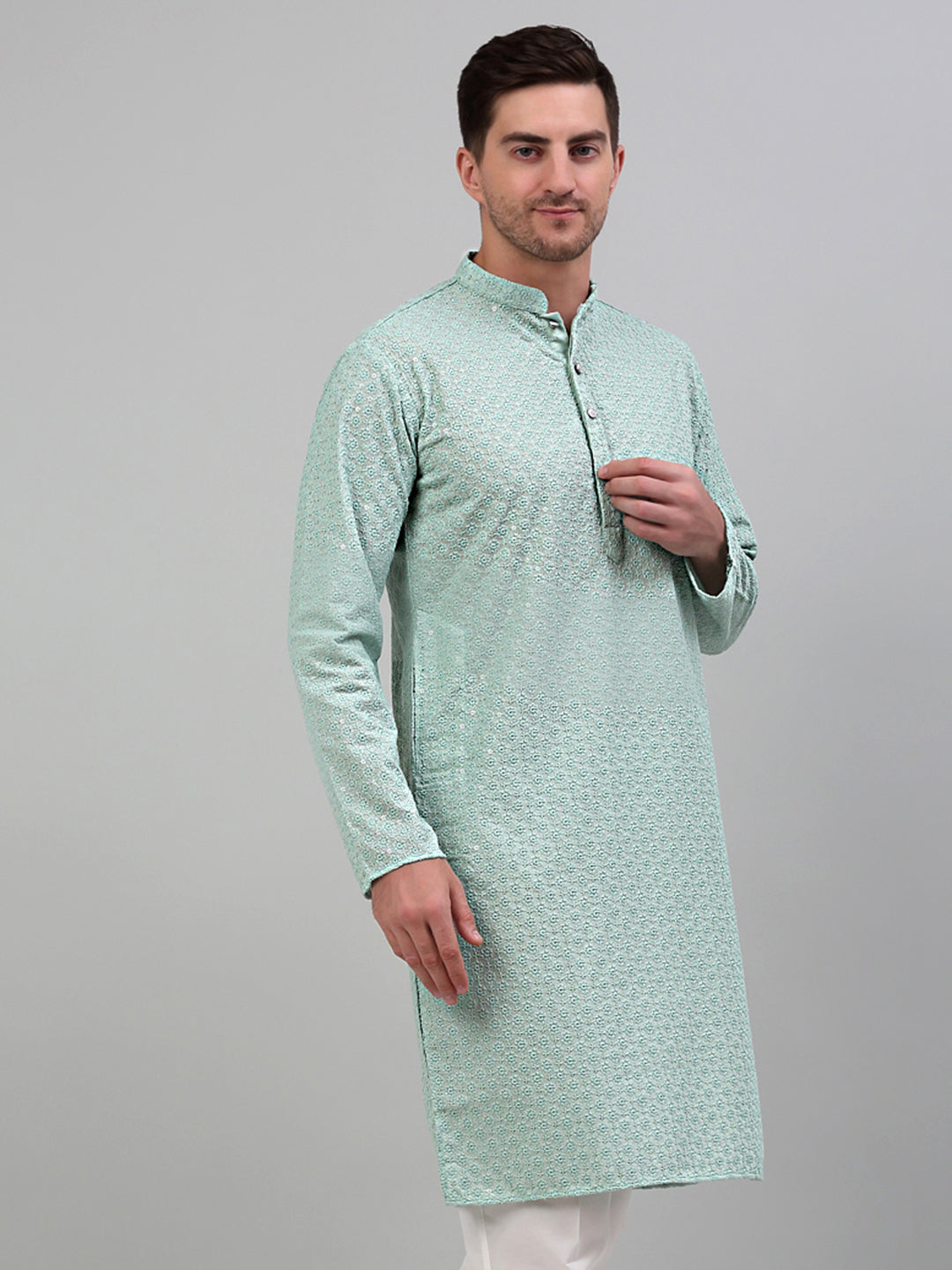 Jompers Men's Green Chikankari Embroidered and Sequence Kurta Only