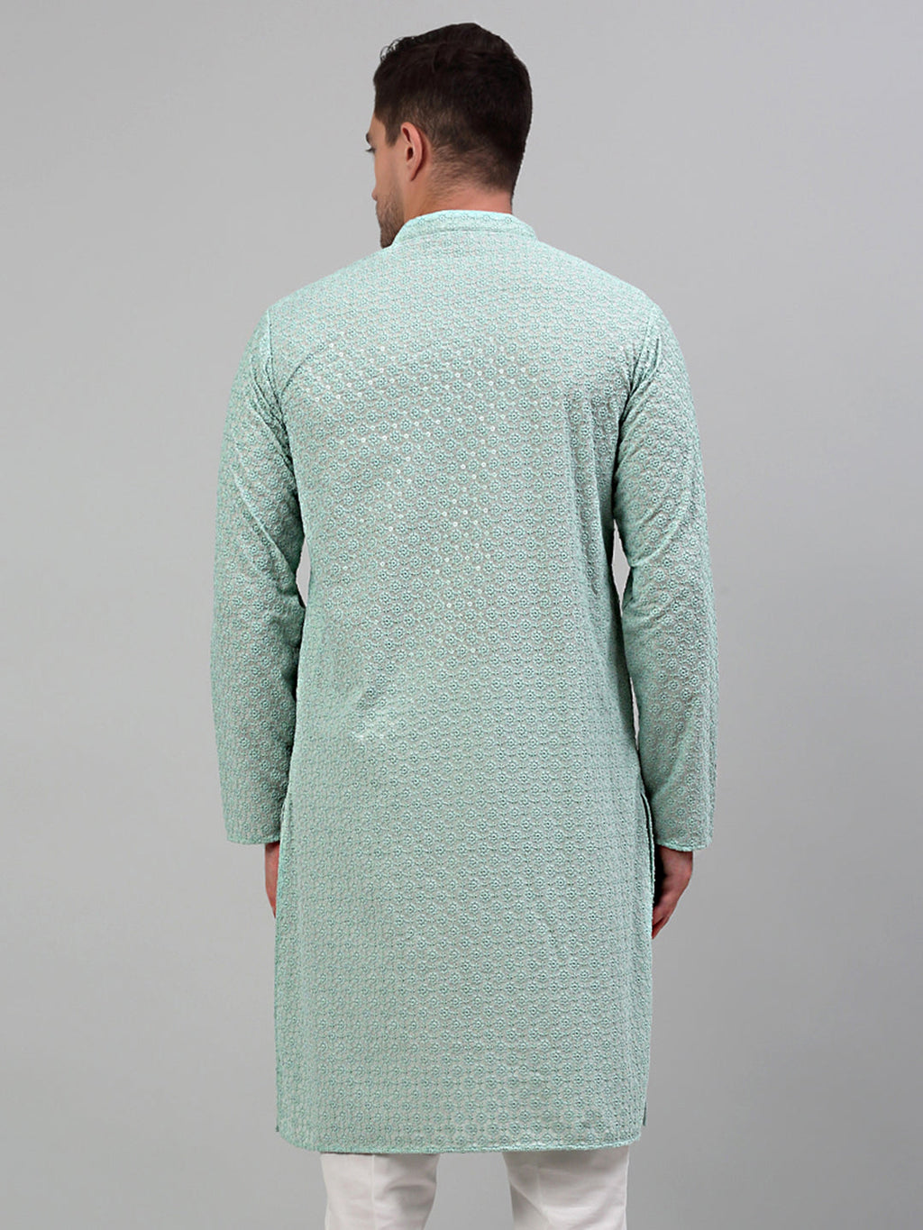 Jompers Men's Green Chikankari Embroidered and Sequence Kurta Only