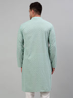 Jompers Men's Green Chikankari Embroidered and Sequence Kurta Only