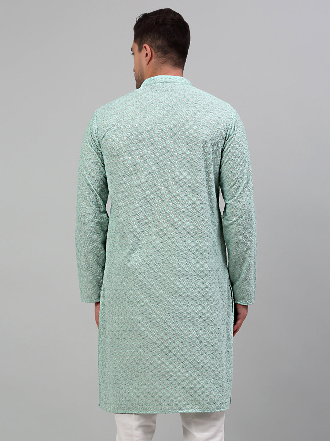 Jompers Men's Green Chikankari Embroidered and Sequence Kurta Only
