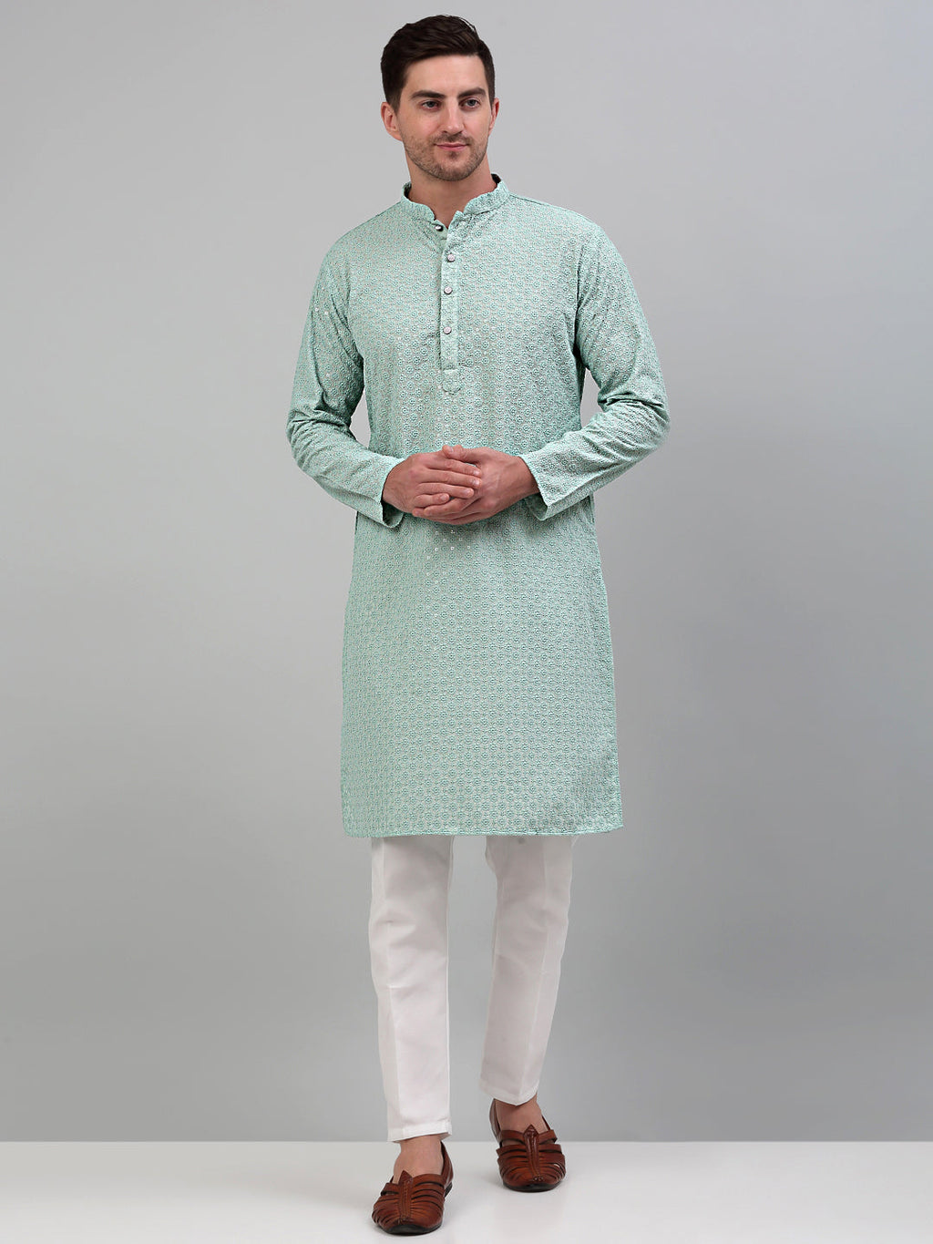 Jompers Men's Green Chikankari Embroidered and Sequence Kurta Only