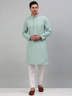 Jompers Men's Green Chikankari Embroidered and Sequence Kurta Only