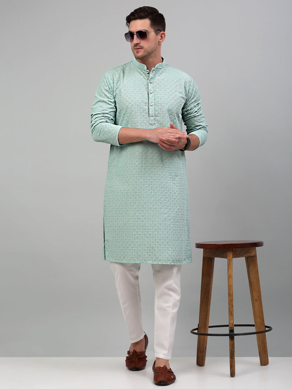 Jompers Men's Green Chikankari Embroidered and Sequence Kurta Only