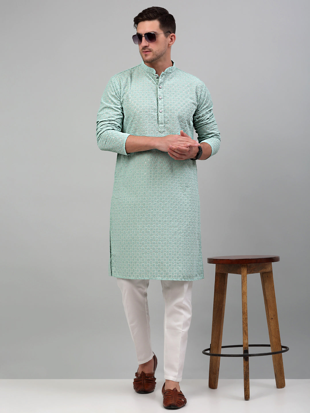 Jompers Men's Green Chikankari Embroidered and Sequence Kurta Only