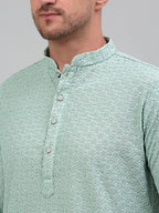 Jompers Men's Green Chikankari Embroidered and Sequence Kurta Only
