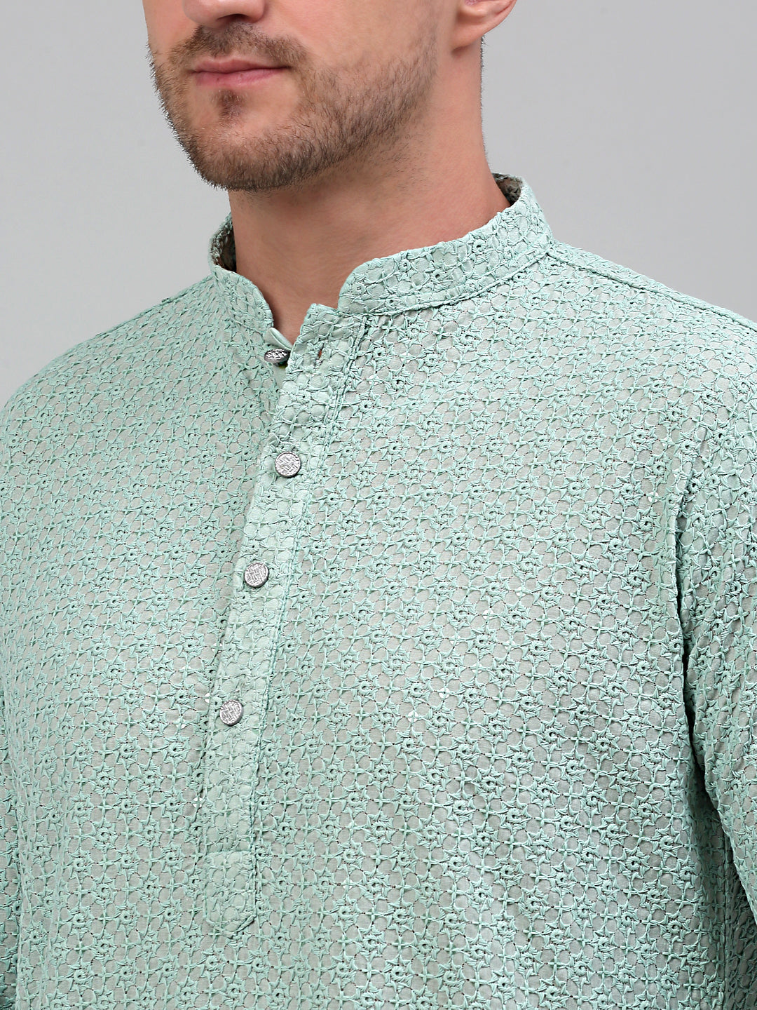 Jompers Men's Green Chikankari Embroidered and Sequence Kurta Only
