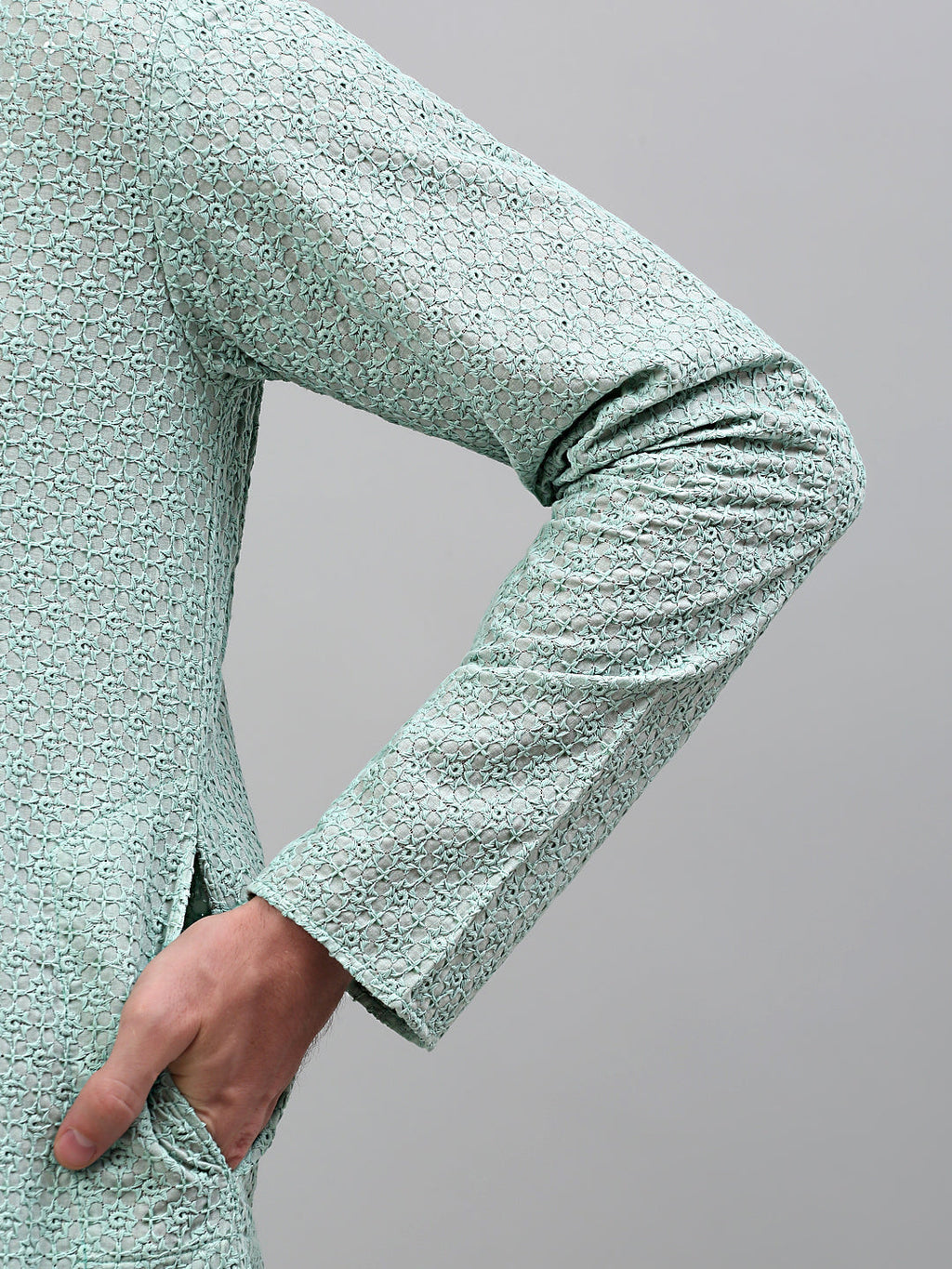 Jompers Men's Green Chikankari Embroidered and Sequence Kurta Only
