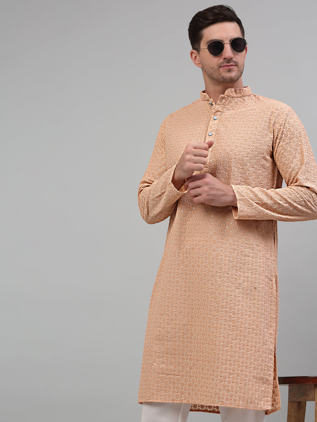 Jompers Men's Peach Chikankari Embroidered and Sequence Kurta Only