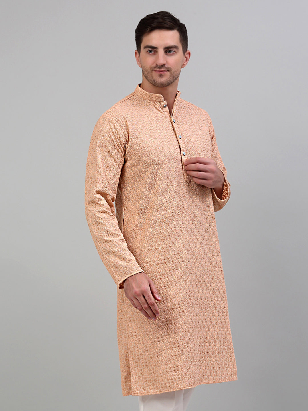 Jompers Men's Peach Chikankari Embroidered and Sequence Kurta Only